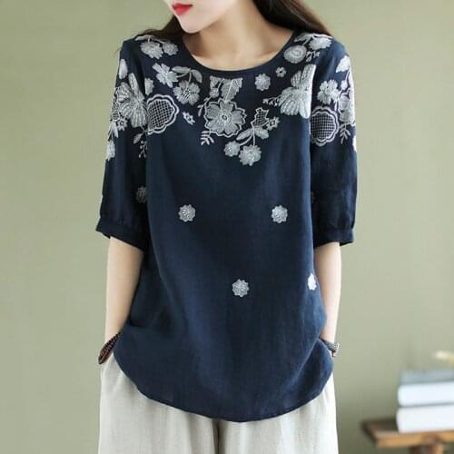 National Style Embroidered Cotton T-shirt Women Female 2021 Summer Chinese Style Loose Short Sleeve Shirt Tops