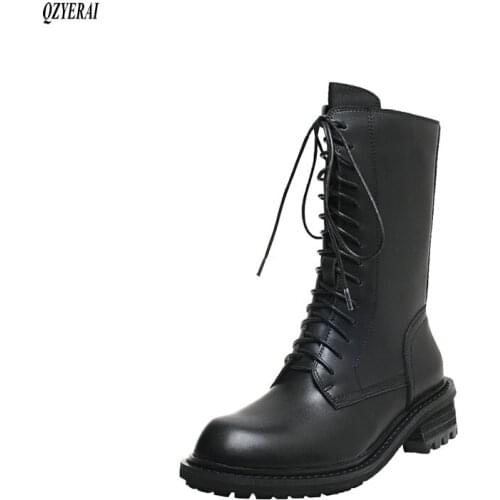 QZYERAI New style Martin boots Genuine leather Female boots Womens boots scooter cowhide Womens shoes