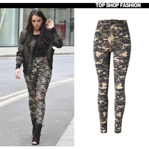 TREND-Setter 2018 Summer Camouflage Jeans Women High Waist Stretch Slim Hole Denim Pants
