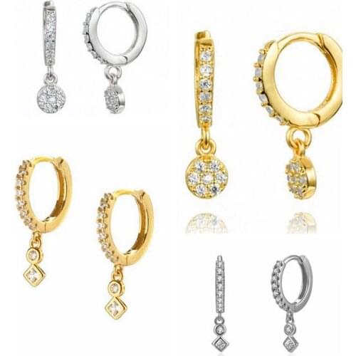 925 Silver Ear Buckle Geometric Crystal Pendant Hoop Earrings for Women Round Rhombus Drop Earring Fashion Females Jewelry Gift