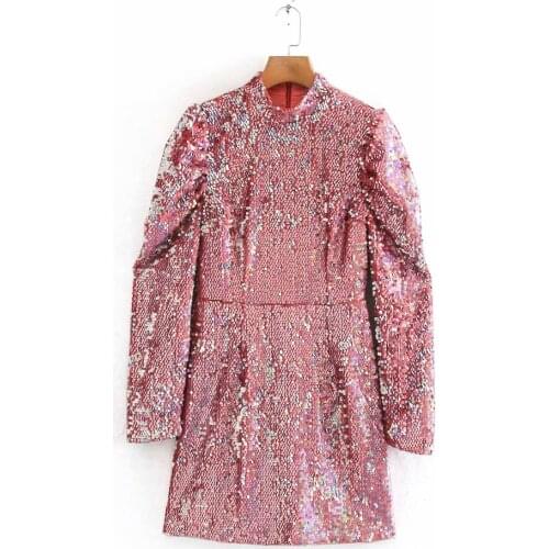 HYGGE 2020 women stylish sequins mini dress female puff sleeve back zipper vestidos chic casual slim party dresses