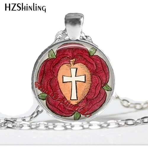 HZ--A364 Popular Rosicrucian rose pendant cross necklace glass dome necklace occult jewelry gift for women and him jewelry HZ1
