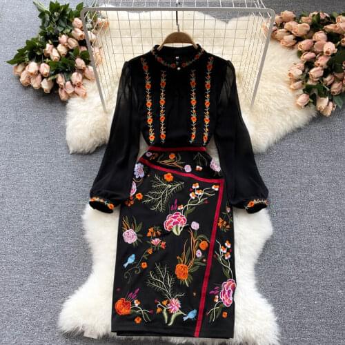 Amolapha Women Autumn Winter Retro Stand Collar Long Sleeve Slim Waist Office Lady Embroidery Sheath Dress