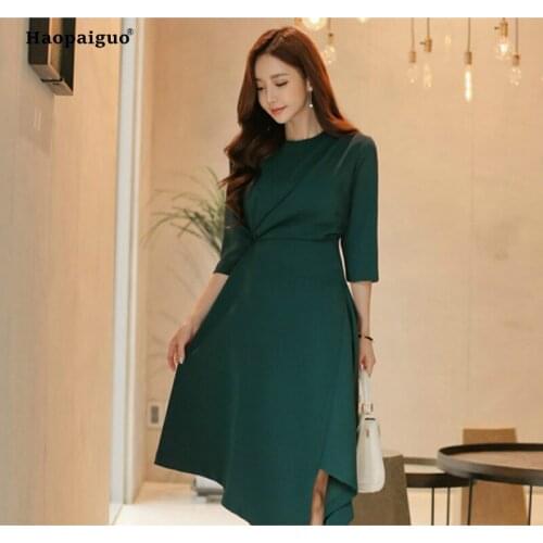 2018 Solid Asymmetrical Dress Autumn Women Green Three Quarter Sleeve O-neck Mid-calf Vintage Party Dress Vestido Longo Dresses