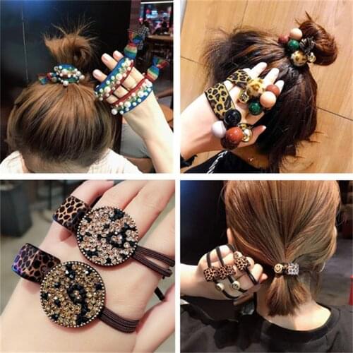 1PCS! Korean Women Hair Accessories Elastic Hair Rope Leopard Pearl Hair Rubber for Ladies Stretchy Rainbow Hair Band Headdress