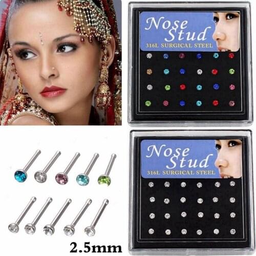 2.5mm Plastic Boxed CZ Nose Stud Mixed 316L Stainless Surgical Steel Crystal Stone Nose Studs Bone Piercing Ring Body Jewelry