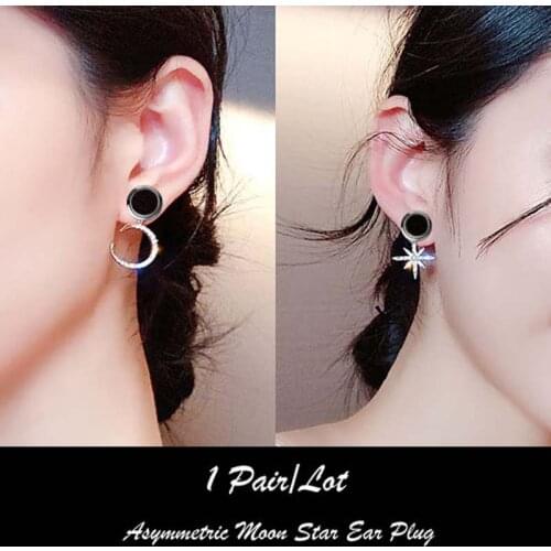 2pieces Stainless Steel Asymmetric Earring Ear Plugs Tunnels Crystal Star Dangle Moon Ear Reamer Oreja Expansiones Expander