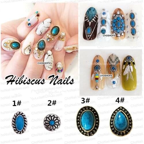 20pcs/pack Japan Korea Alloy Nail Art Painting Oil Round Oval with Turquoise Metal Accessories for Phototherapy Nail Sticker DIY