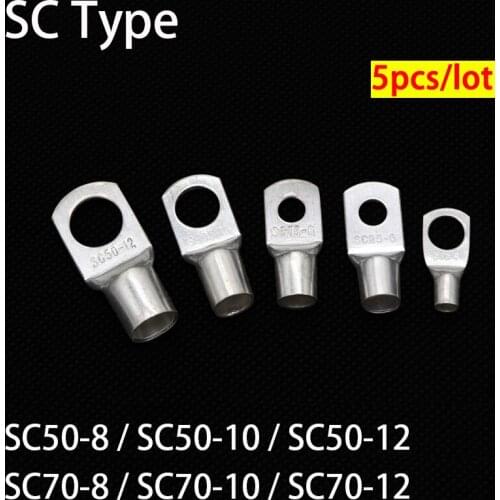 5pcs SC Type Wire Nose Terminal SC50 SC70 Bare Copper Battery Block Lugs Hole ID 8mm 10mm 12mm Crimp DTGA Cable End Connector