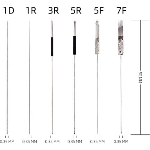 500Pcs 0.35*50mm 1R 3R 5R 5F 7F Tattoo Needles For Eyebrow/Eyeliner/Lips Permanent Makeup Needles Cap Cup