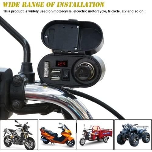 Motorcycle Dual USB Charger with Cigarette- Lighter Socket Car USB Charger with Voltage Display with Clock
