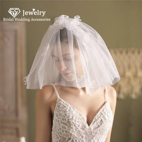 CC Bridal Veil Wedding Hair Accessories for Women Engagement Short Veils Romantic Double Layer Appliqued 100% Handmade Sale V802