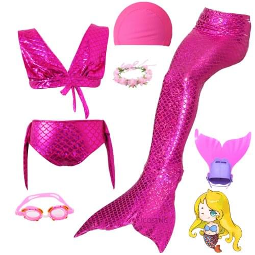 Summer Vacation Beach Kids Girls Mermaid Tails with Fin Swimsuit Bikini Bathing Suit Dress Girls with Flipper Monofin for Swim