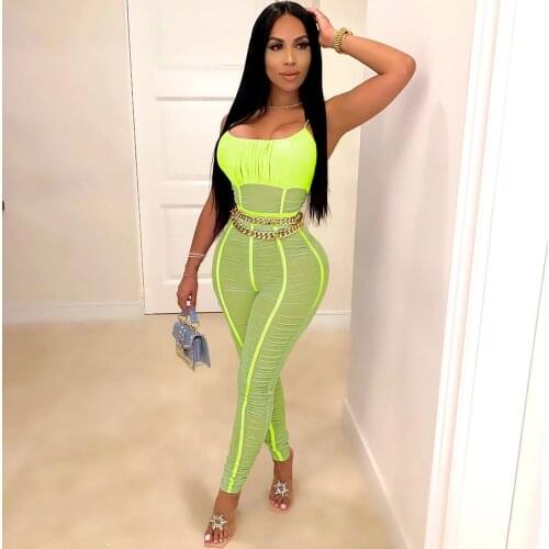 Sexy Night Party Club Jumpsuit Women Spaghetti Strap Backless Mesh Sheer Ruched Bodycon Romper Female Overalls for Women Outfits