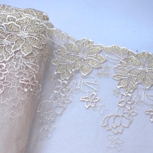 1Meter 20CM Width Gold Thread Floral Embroidered Lace Trim Champagne Mesh Fabric For Lingerie Underwear Bra Dress Decoration DIY