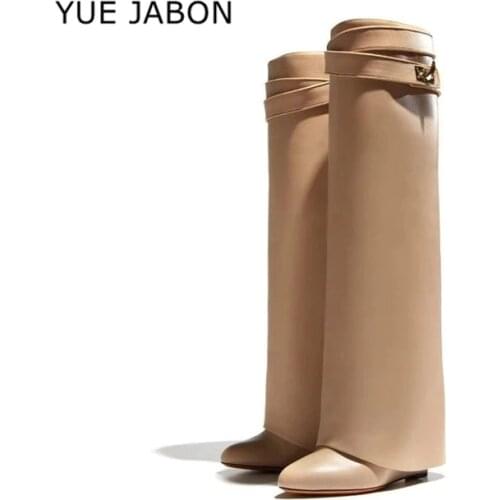 Metal Shark lock Women Boots Women Wedge Boots Genuine Leather Pointed Toe Long Boots Height Increasing Botas Mujer Shoes Black