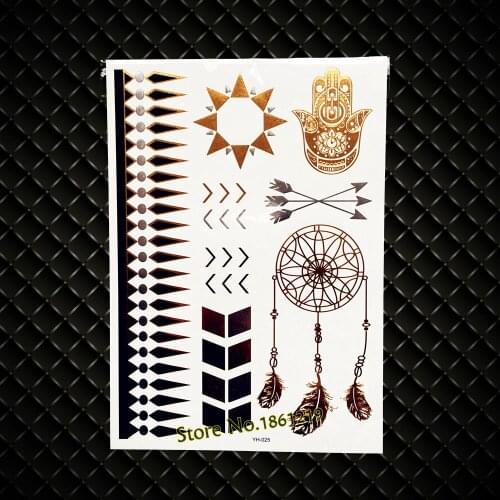 New Hot Hamsa Eye Hands Gold Flash Metallic Temporary Tattoo Henna Fatima GYH-025 Dreamcatcher Arrows Waterproof Tattoos