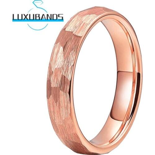 4MM Rose Gold Tungsten Wedding Bands For Men Wemen Multifaced Hammered Engagement Rings Brushed Finished Comfort Fit