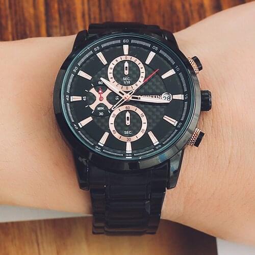 OCHSTIN Black Watch for Men Fashion Quartz Sports Wristwatch Chronograph Clock Date Watches Stainless Steel Male Watch GQ085