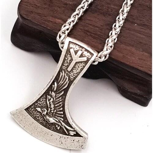 Odin Raven Wolf Double Sides AXE Pendant Nordic Runes Viking Axe Necklace Slavic Talisman Man Jewelry