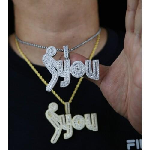 Iced out Long rope chain with full cz pave gold silver color initial letter You Charm Necklace For Men Boyfriend hip hop jewelry