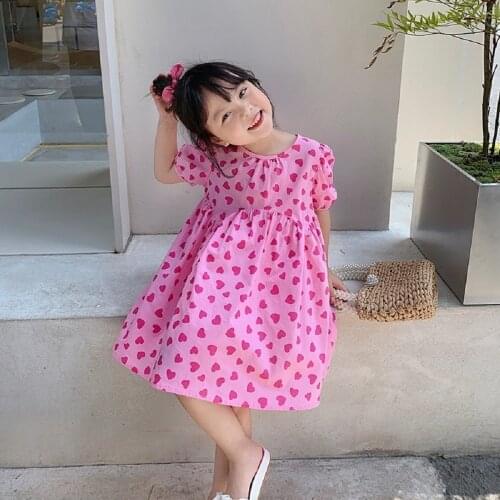 Girls Heart Design Short Sleeves Cotton Party Pink Dress Princess Summer Outfit Causal Cute Birthday Party Dress