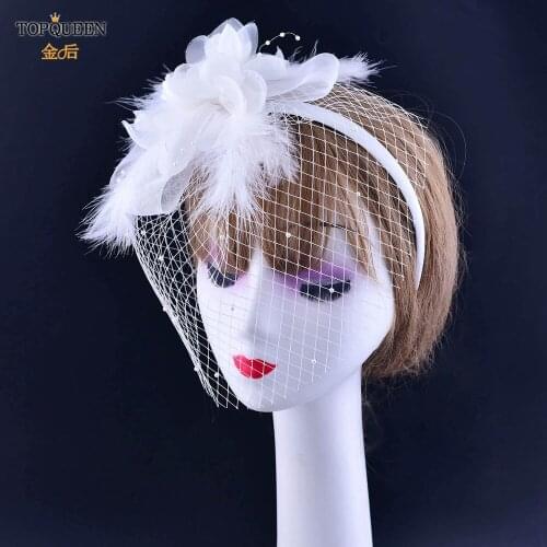 TOPQUEEN FG18 Luxury Birdcage Veil Netting Face Short Feather Flower White Fascinator Bride Hats Headband With Veil