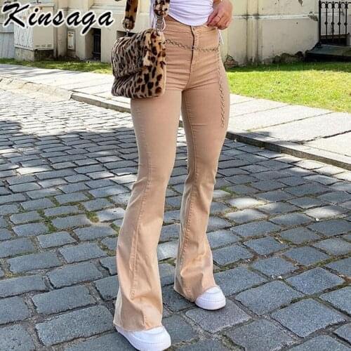 Vintage Y2k Brown high waist Denim Flare Pants Indie Aesthetic stretch skinny Trousers Women Harajuku Street tassles Mom Jeans