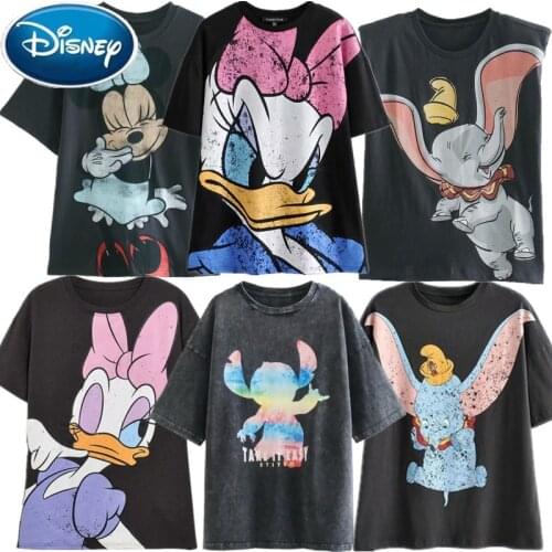 Disney Cartoon Cotton T-Shirt Women 2021 Summer Casual Mickey Mouse Daisy Duck Tshirt Women Vintage Streetwear Tee Tops T-Shirts