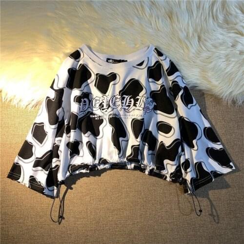 Womans Summer New Style Drawstring Short Cow Pattern Three-Quarter Sleeve T-shirts Loose Harajuku Y2k Tops Kawaii Blusases Tees