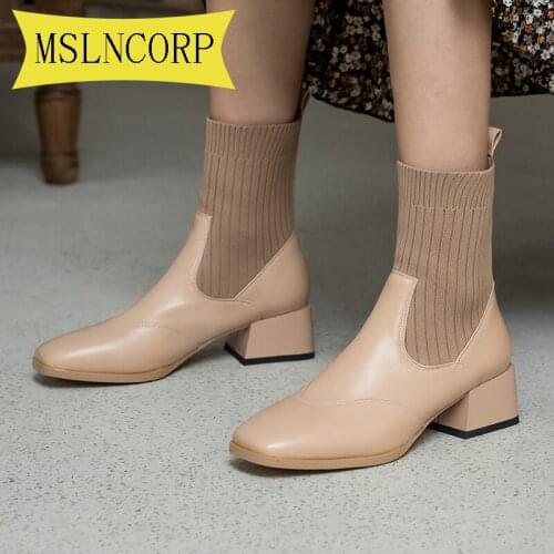 Plus Size 34-48 Ankle Boots for Women Square Toe Fashion Shoes Winter Short Boots Square Heels Pu Leather Comfortable Lady Shoes