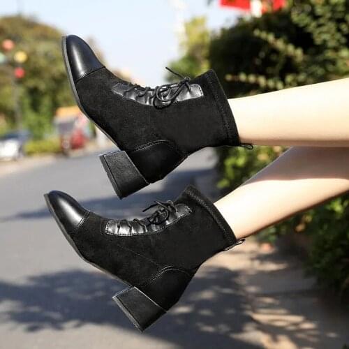 Ankle Boots For Women Fashion Lace Up Front Zipper High Heels 2021 Fall Elegant Ladies Classics Black Shoes Gothic Chelsea Boots