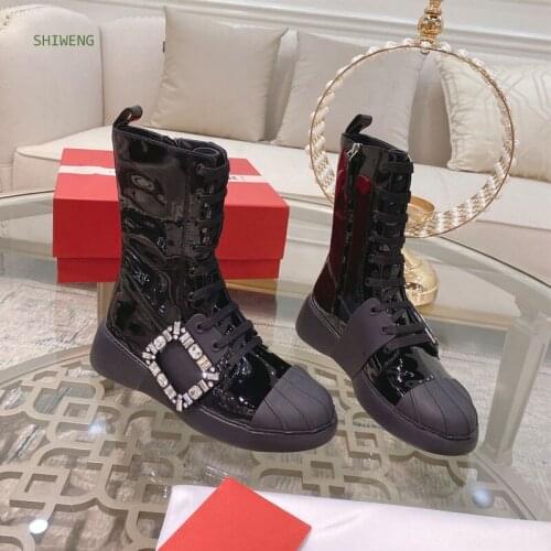 Women Mid-calf Boots Fashion Shell toe Martin Boots Crystal Decor Lady Thick Heel Short Boots Women Platform Boots 2021 Autumn