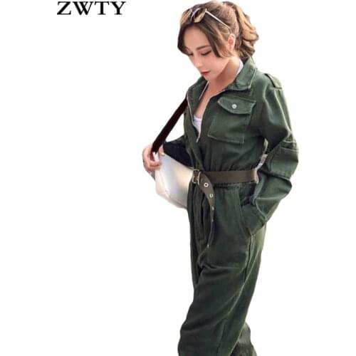 ZWTY Women Vintage Slim Jeans Jumpsuit High Waist Street Wear belt Romper Army Green Denim Overalls Cowboy Work Suit