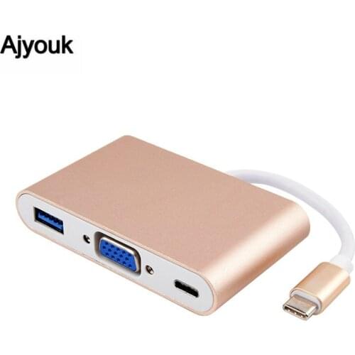 100PCS USB 3.1 Type-C To Female VGA +USB 3.0 HUB+ USB-C PD Multiport Digital AV Adapter For Apple Macbook Huawei matebook Xiaomi