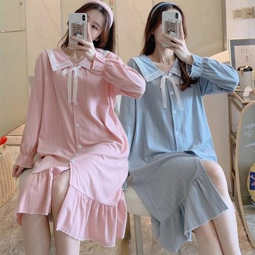 2021 Spring Autumn Sweet Bow Princess Long Sleeve Nightgowns for Women Korean Sleepwear Night Dress Home Dress Nightdress Nighty