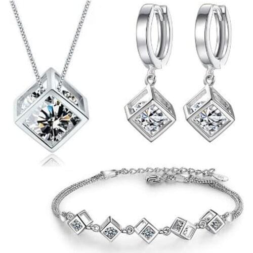 5 Style 925 Sterling Silver Jewelry Sets Zirconia Square Cube Necklace+Earrings+Bracelet joyas de plata For Women Gift