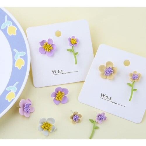 6pcs Spring And Summer Pink Ins Korean Flowers Stud Earrings For Women Girls Green Leaves Fresh Contrast Color Earrings Material