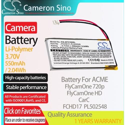 CameronSino Battery for ACME FlyCamOne HD CarC FlyCamOne 720p fits ACME FCHD17 PL502548 camera battery 550mAh 3.70V Li-Polymer