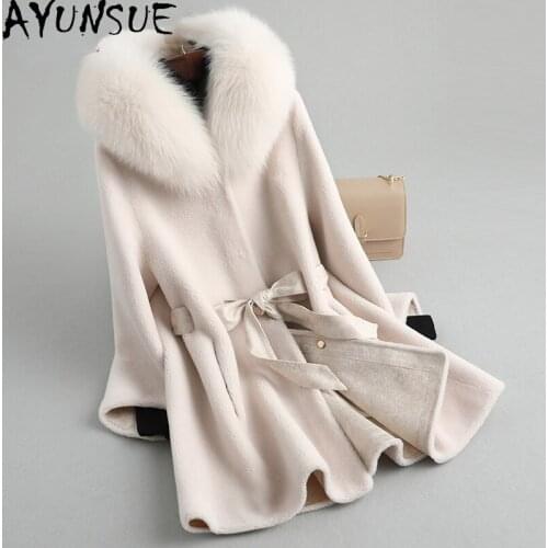 AYUNSUE Autumn Elegant Real Fox Fur Collar Coat Female Winter 2021 Hooded Sheep Shearling Jackets Women Jaqueta Feminina Gxy446