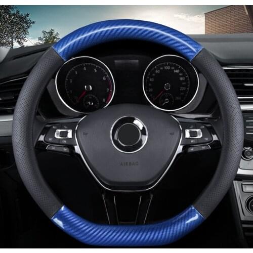 KKYSYELVA Top Layer Leather + carbon fiber 38CM car steering wheel cover non-slip breathable D O shape car steering wheel cover