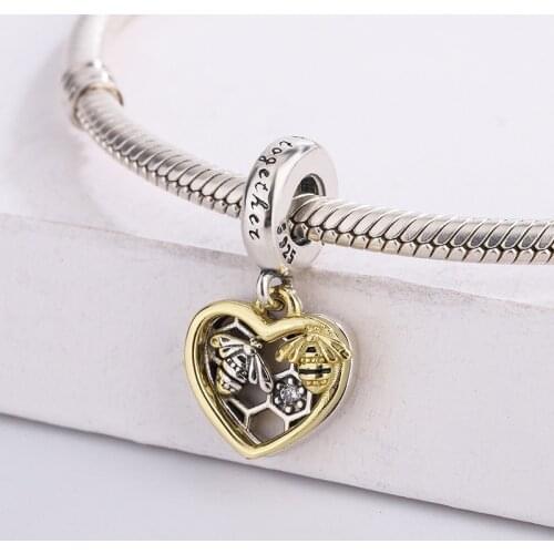 For Pandora 925 Sterling Silver Zirconia Gold-Plated Bee Heart Strung Two-Tone Pendant Charm Bracelet DIY Jewelry Making