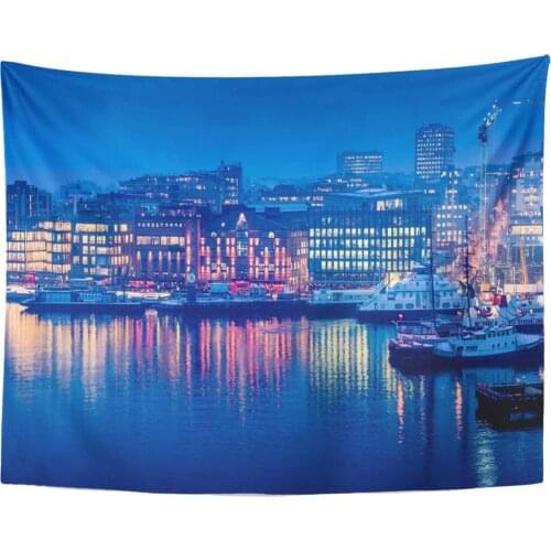 Tapestry Blue Night Aker Brygge in Twilight Downtown Oslo Norway Colorful Panorama Skyline Tapestries Wall Hanging for Living