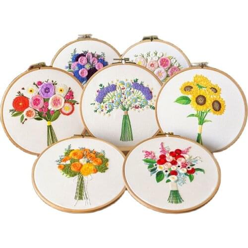 Creative DIY Embroidery Kit Flower Pattern Printed Cross Stitch Embroidery Hoop Needlework Sewing Art Painting Home Decor