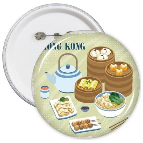 Hong Kong Style China Dim Sum Round Pins Badge Button Clothing Decoration Gift 5pcs
