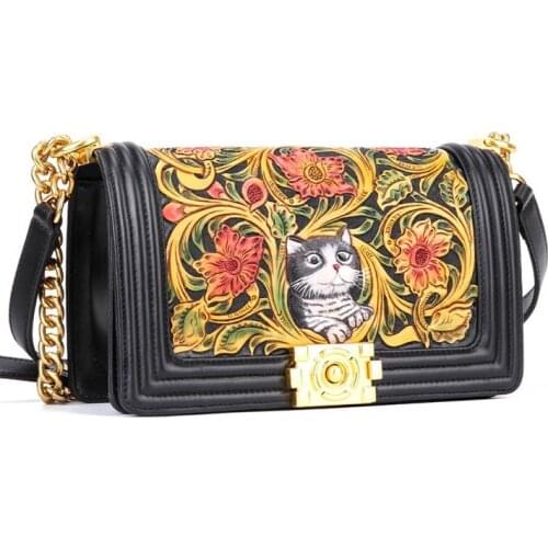Handmade leather carving small Xiangfeng spicy mother bag female bag new retro ethnic style cat messenger bag shoulder bag chain