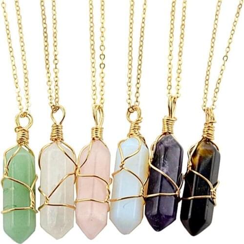 Fashion Opal Stone Hexagonal Cylindrical Crystal Necklace Natural Color Pendant Accessories Bohemian Womens Jewelry Choker