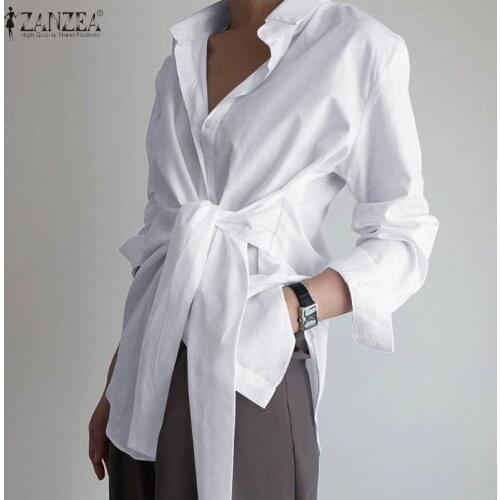 Fashion Lace Up Shirts Womens Asymmetrical Blouse ZANZEA 2021 Casual Long Sleeve Blusas Female Laple Button Tunic Plus Size 5XL