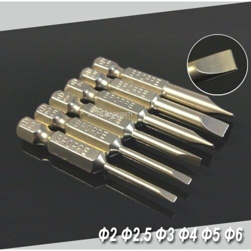 6Pcs Set 50mm 2-6mm Magnetic Flat Head Slotted Tip Screwdrivers Bits 1/4" Hex Shank Screw Driver Bits Hand Tools Set