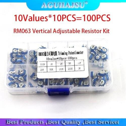 10Values*10PCS=100PCS RM063 Vertical Adjustable Resistor Kit In Box 500 ohm-1M ohm Multiturn Trimmer Potentiometer Set